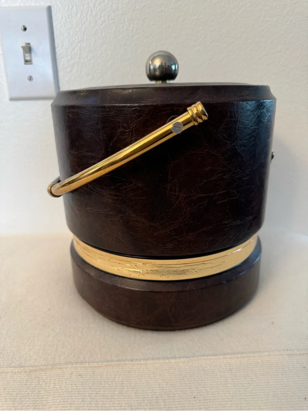 Vintage 1960s 70s Brown Faux Leather Ice Bucket Brass Tone Mid Century